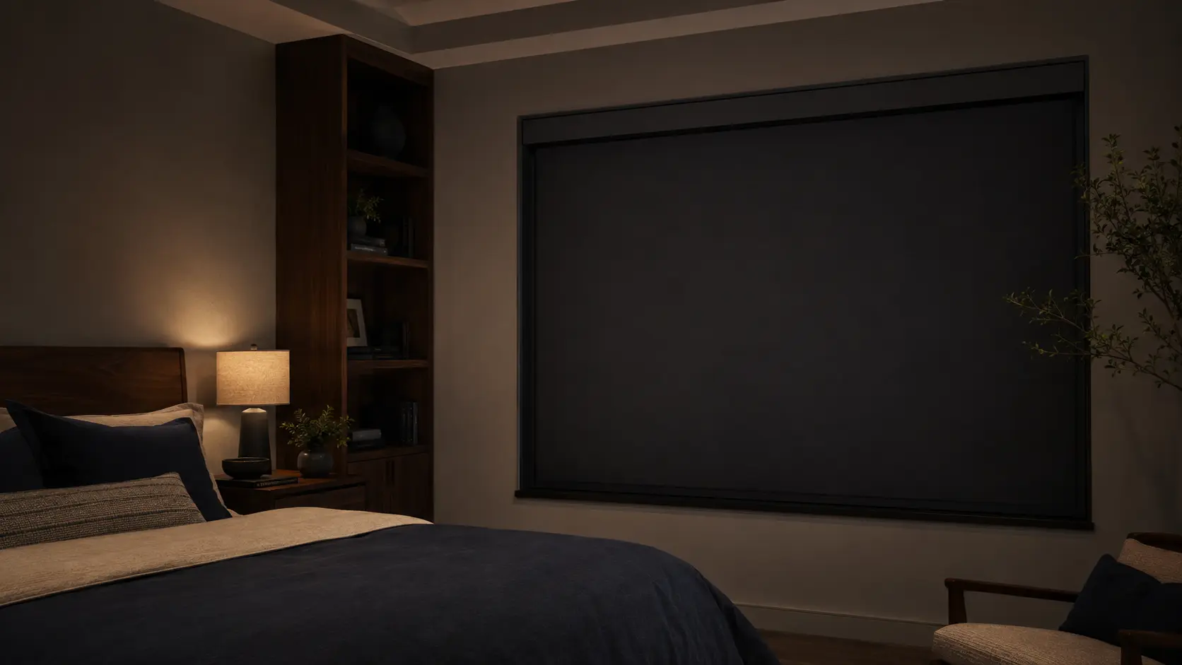 Quiet modern bedroom with a fully sealed charcoal blackout system